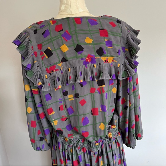 Vintage 80s Diane Freis Georgette Dress L XL Long Sleeves Gray Geometric Pattern - Picture 13 of 14